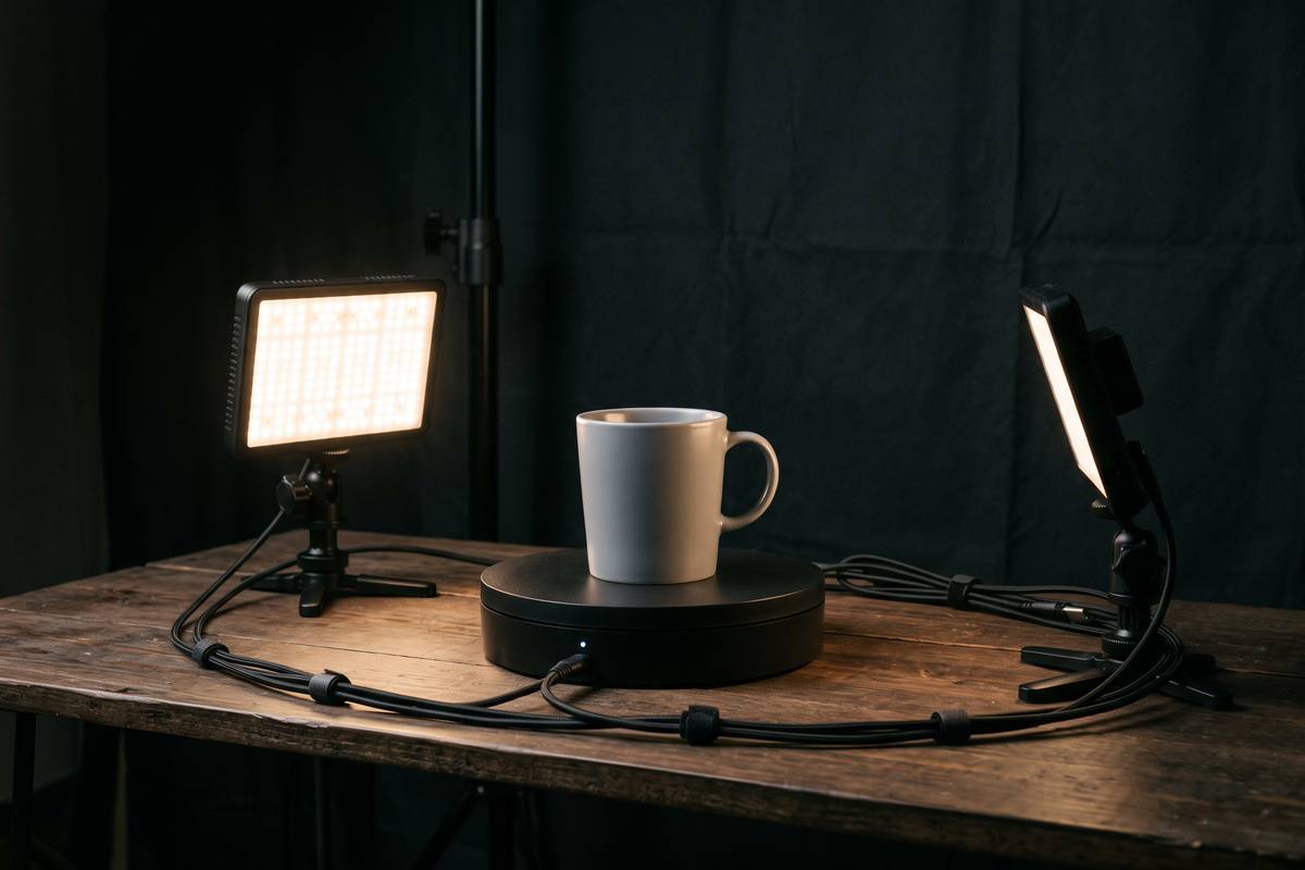 Small product stage with LED panels and a dark backdrop