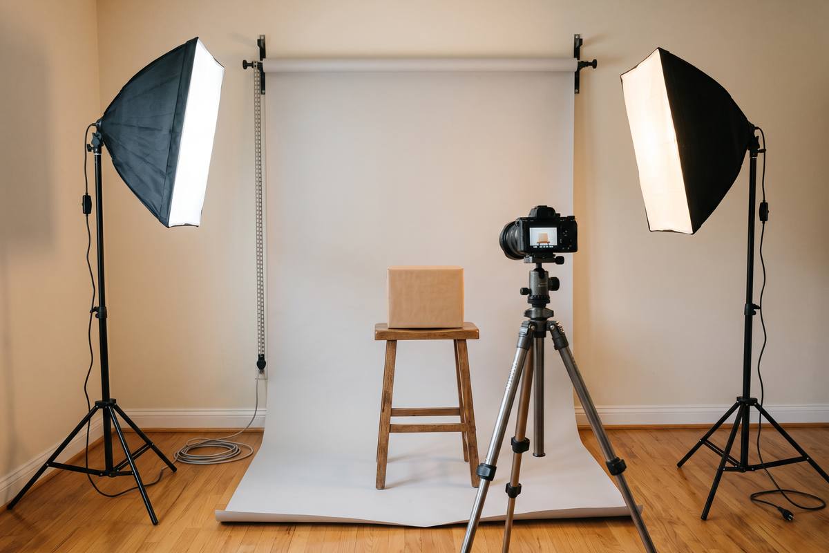 Home studio corner with a backdrop roll and softboxes