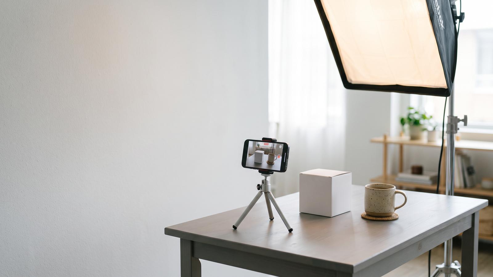 Tabletop product filming setup with a softbox and a phone on a tripod