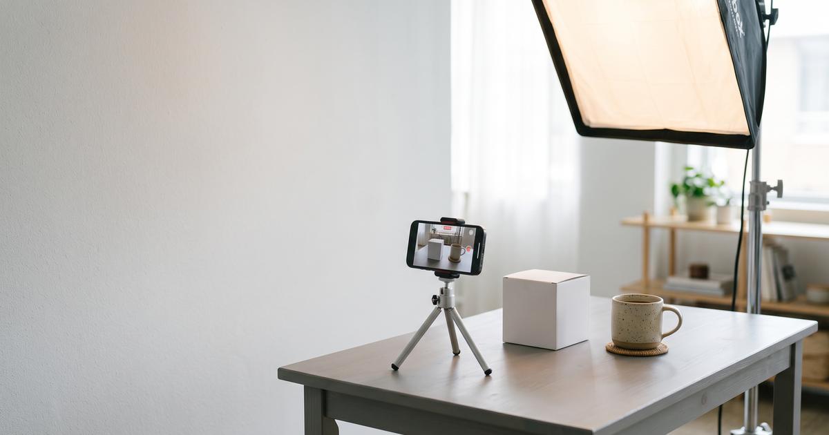 Camera on a tripod filming a small product on a table